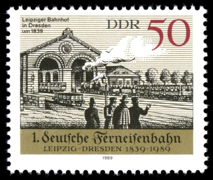 (1989-023) Марка Германия (ГДР) &quot;Вокзал, Дрезден&quot;    ЖД Лейпциг-Дрезден II Θ